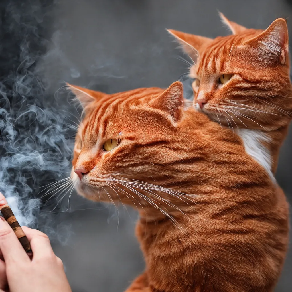 Prompt: a red tabby cat smoking a cigarette