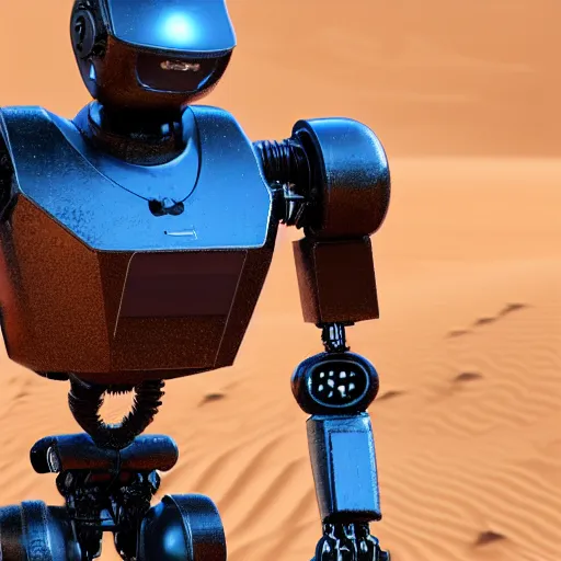Image similar to close up of a Photorealistic robot with a gun in the desert.