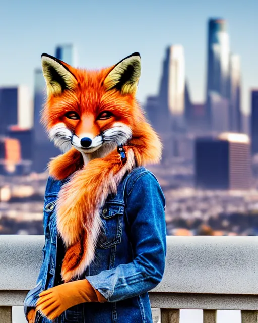 Image similar to photorealistic photo of anthropomorphic female fox animal dressed in jean jacket and scarf, fox animal, los angeles skyline in background, 8 5 mm f / 1. 4,