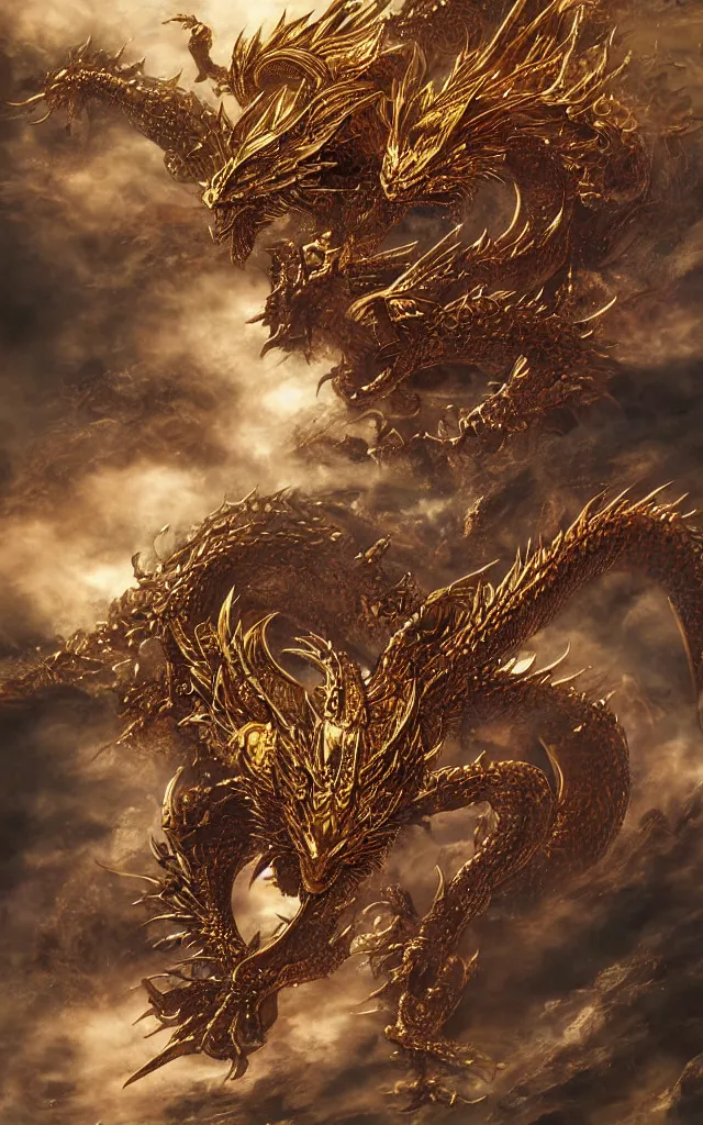 Prompt: by yoshitaka amano golden dragon, epic, legendary, cinematic composition, stunning atmosphere by yoshitaka amano