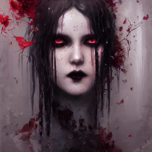 Prompt: goth girl crying red tears, intricate, art by greg rutkowski, high detailed, 4 k,