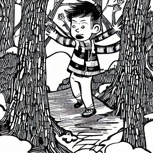 Image similar to mcbess illustration of a little boy with a backpack in a forest