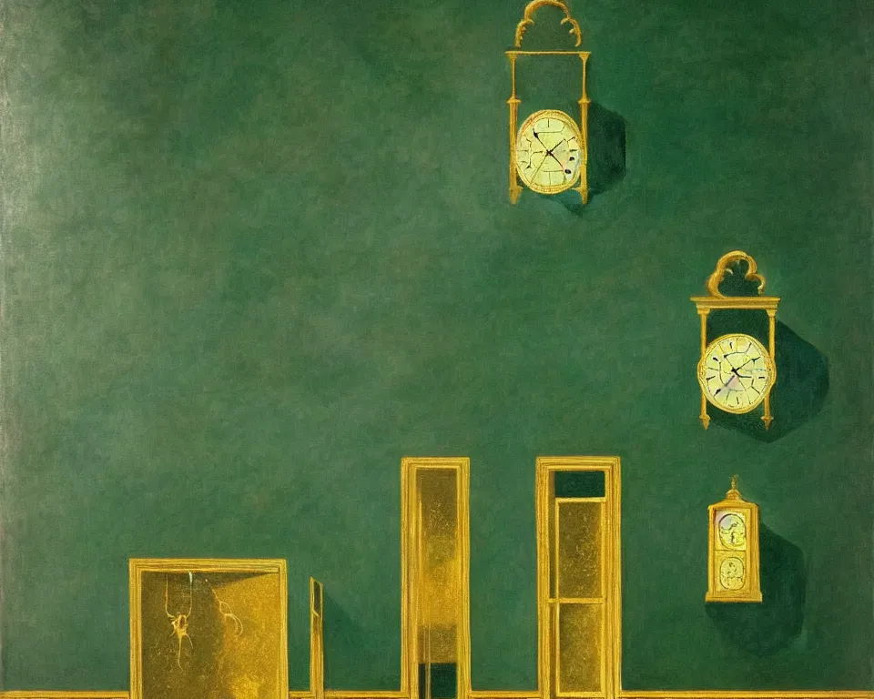 Prompt: an achingly beautiful print of gold clocks and fractured frescos on a dark green wall by Raphael, Hopper, and Rene Magritte. detailed, romantic, enchanting, trending on artstation.