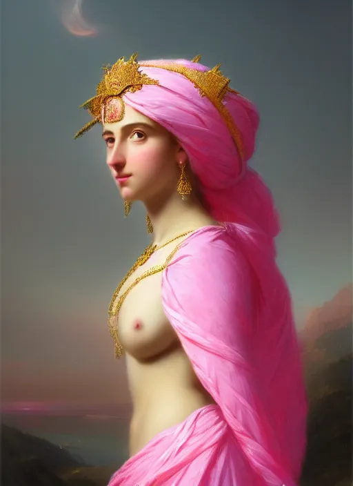 Prompt: stunning arabian godess princess, detailed pink and white protea head peace against a black backdrop by ivan aivazovsky, 3 / 4 view portrait, wlop, super sharp details, photorealism, canon 5 d, 5 0 mm lens, stunning photoshot, beautiful soft lighting, muted colours, artstation