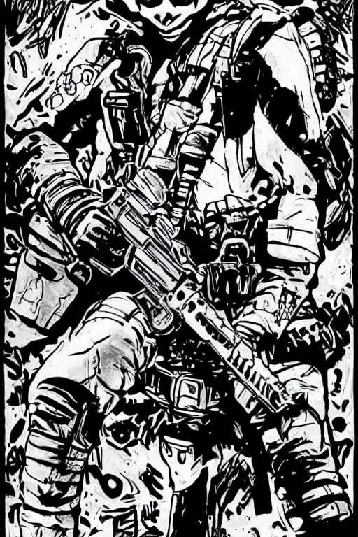 Prompt: a paranormal soldier, ouija tattoo on face, emp weapons strapped in shoulders, horror sci - fi black and white, art by kevin eastman