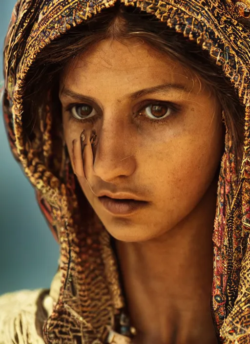 Image similar to portrait of a stunningly beautiful middle eastern tribal female, depth of field, zeiss lens, detailed, symmetrical, centered, fashion photoshoot, by Annie Leibovitz and Steve McCurry, David Lazar, Jimmy Nelsson, Breathtaking, 8k resolution, extremely detailed, beautiful, establishing shot, artistic, hyperrealistic, beautiful face, octane render