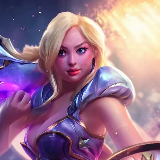 Image similar to hyper realistic action shot of Lux in League of Legends played by Margot Robbie, 4k, Carl Zeiss, sigma, Tamron so 85mm, stunning arcanum backdrop, magic, ornate set design, cinematic, lute