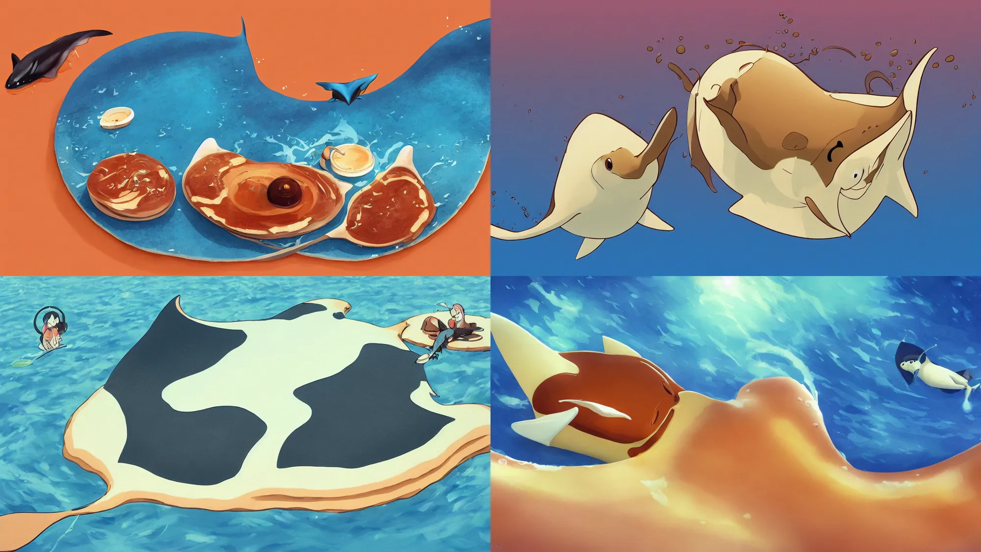 Prompt: painting of a happy flat pancake manta ray swimming in syrup, cute, 4 k, manta ray made of pancake, fantasy food world, living food adorable pancake, brown atmospheric lighting, by makoto shinkai, studio ghibli, rexie nem