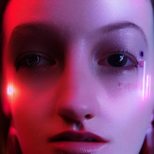 Prompt: photo of young woman, close up, with a cyberpunk camera lens fixed over right eye with led lights, robotic implants over face with small led lights, white background, fine art photography in the style of Bill Henson