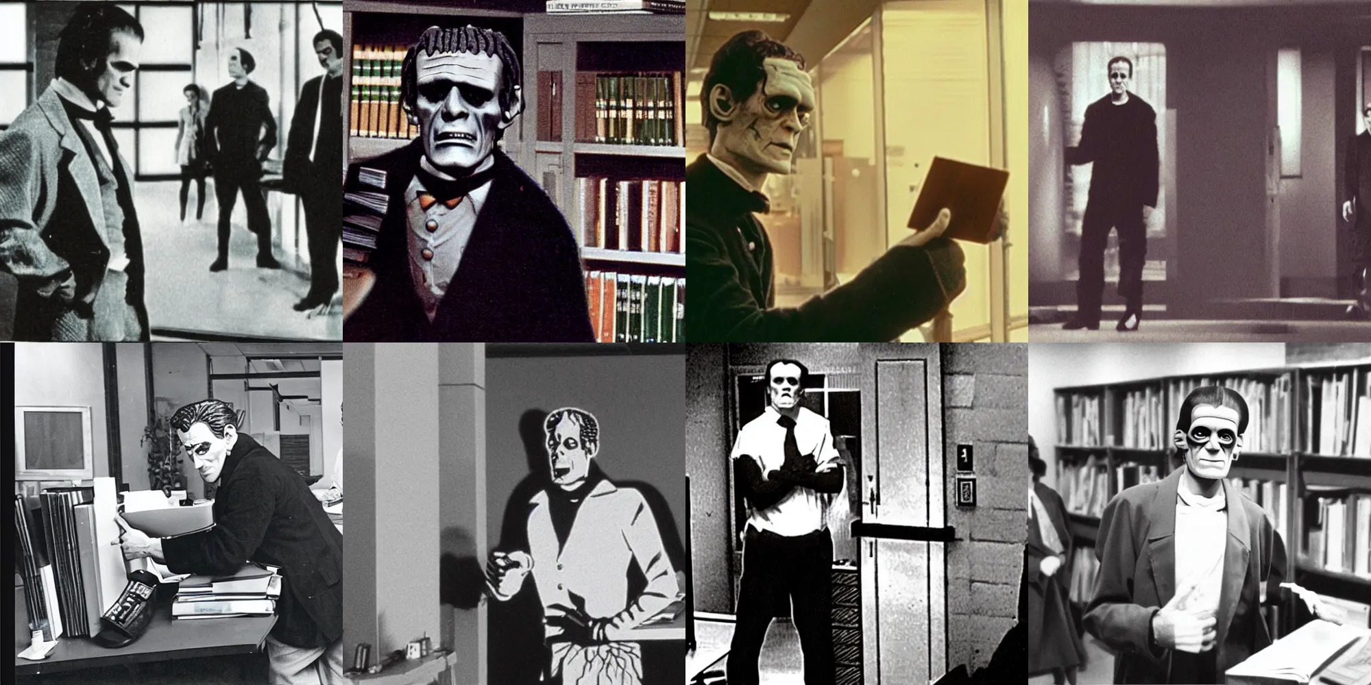 Prompt: A picture of Frankenstein working as a full time office worker standing out of its working colleagues, vhs corner cam