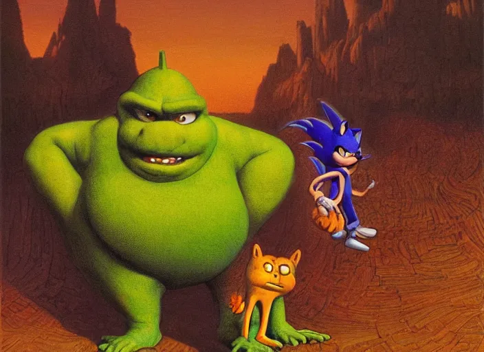 Image similar to surrealist impressionist painting of sonic the hedgehog and shrek and garfield at dusk, in the style of michael whelan and james gurney and wayne barlowe