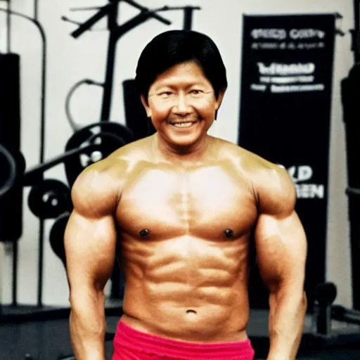 Image similar to BongBong Marcos as a bodybuilder in a gym flexing his huge muscles