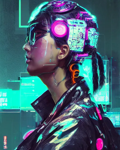 Prompt: detailed full body side profile portrait Neon Operator Girl, cyberpunk futuristic neon, reflective puffy coat, decorated with traditional Japanese ornaments by Ismail inceoglu dragan bibin hans thoma greg rutkowski Alexandros Pyromallis Nekro Rene Maritte Illustrated, Perfect face, fine details, realistic shaded, fine-face, pretty face