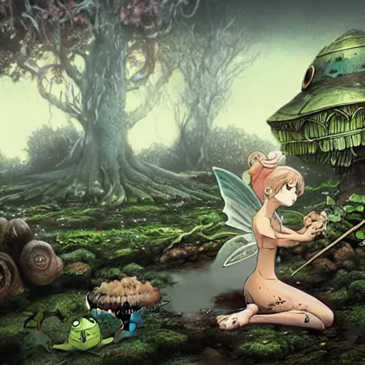 Image similar to A scary godlike fairy killing a frog. award winning. superb resolution. in the art style of junji Ito and greg rutkowski . Detailed Mushroom city in background. Hyper realistic anime. Perfect art. Dalle2