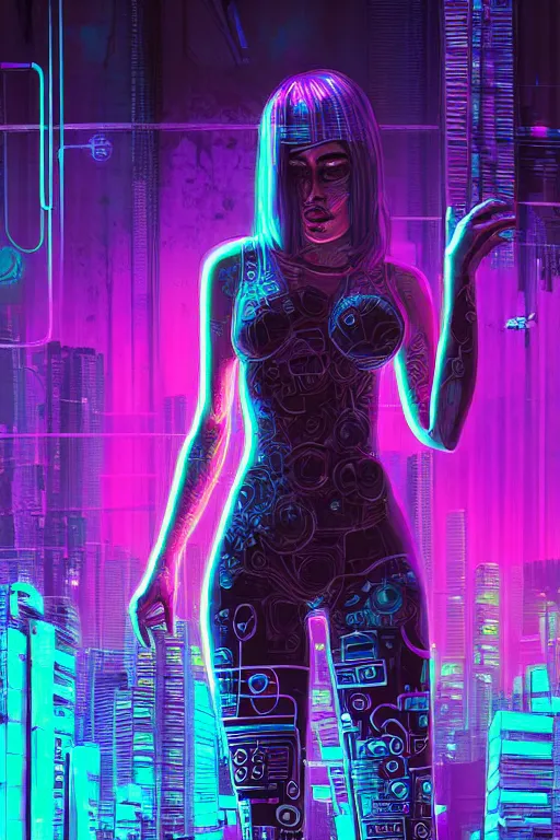 Image similar to dreamy cyberpunk girl full body shot, abstract background, digital nodes, beautiful woman, detailed acrylic, grunge, intricate complexity, by dan mumford and by jonathan solter