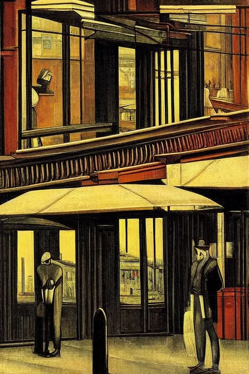 Prompt: empty cafes on a rainy night in a cyberpunk city street by giorgio de chirico