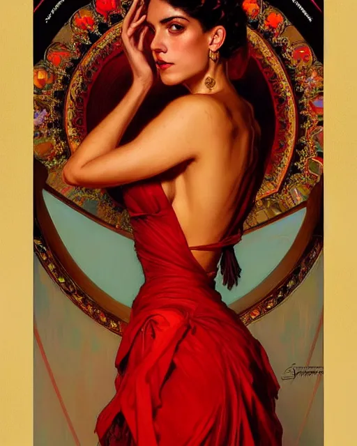 Prompt: portrait of a beautiful young spanish woman wearing a red salsa dress, beautiful symmetrical face, golden, fantasy, regal, by stanley artgerm lau, greg rutkowski, thomas kindkade, alphonse mucha, loish, norman rockwell.