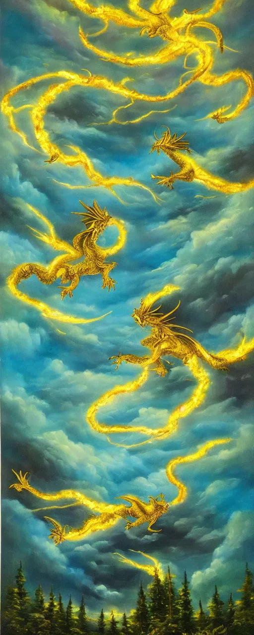 Image similar to beautiful oil painting of golden eastern dragons in sky, green lightning, night clouds, above forest, landscape shot