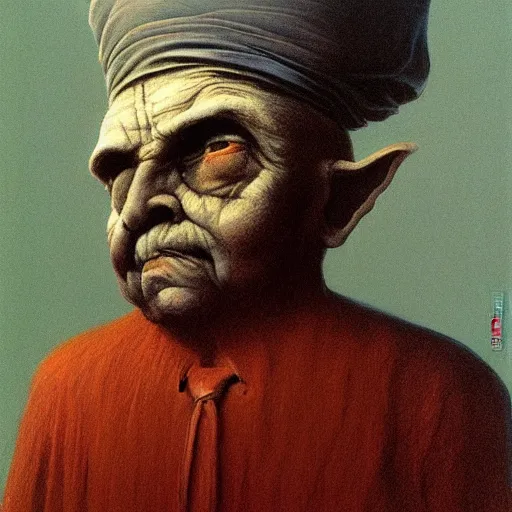 Image similar to Zdzisław Beksiński painting of a gnomish aristocrat