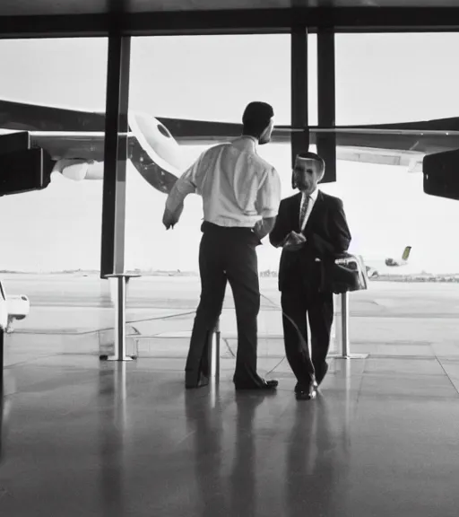 Prompt: two perfect blend of dairy cow and man at the airport having conversation while boarding an airliner technoir