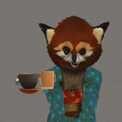 Image similar to anthropomorphic red panda drinking coffee in a cafe, character art, painting, trending on artstation