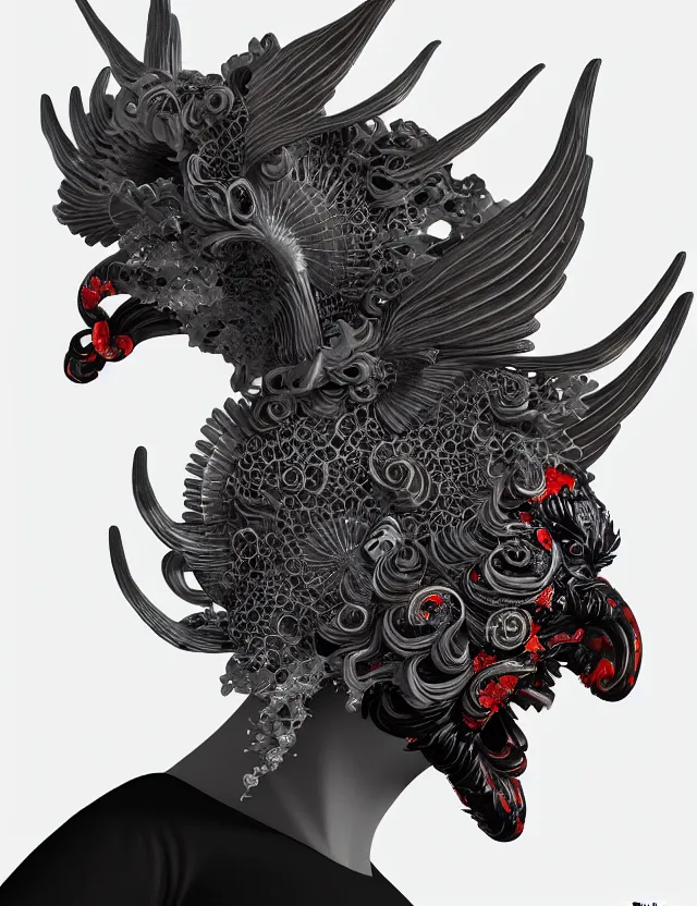 Image similar to 3 d goddess close - up profile satan biohazard portrait with crown, ram skull. beautiful intricately detailed japanese crow kitsune mask and clasical japanese kimono. betta fish, jellyfish phoenix, bio luminescent, plasma, ice, water, wind, creature, artwork by tooth wu and wlop and beeple and greg rutkowski