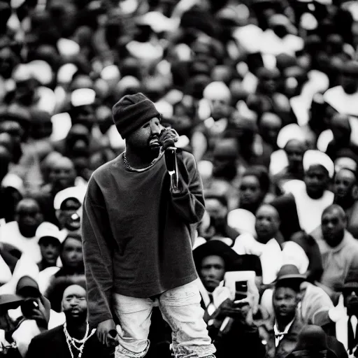 Image similar to vintage photograph of Kanye West speaking at the Million Man March, Sigma 40mm, portrait, black and white