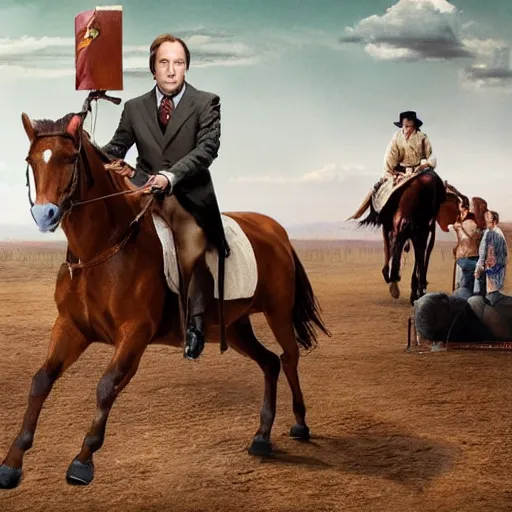 Prompt: saul goodman riding a horse while holding a sword, tv still