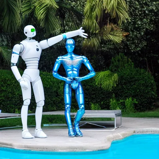 Image similar to by the pool, shiny skin, a realistic detailed photo of a guy who is an attractive humanoid who is half robot and half humanoid, showing off his muscles, twitch streamer / gamer ludwig, humanoid robot, who is a male android, on display, frozen ice statue, posing like a statue, made of ice, blank stare