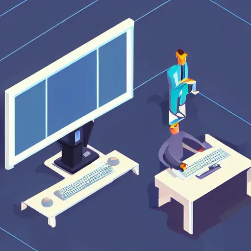 Image similar to programmer in front of his computer station, isometric, detailed, ideal symmetry, perfect pixel alignment, 8 k,