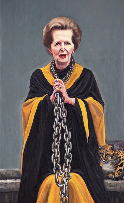 Image similar to an oil portrait of margaret thatcher in ceremonial robe keeping distressed servals in chains at her feet, high quality, artstation, higly detailed, dark lighting