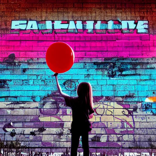 Image similar to a girl holding a balloon at a fairground. buildings with graffiti in the background. silhouette. night. photograph in the style of simon stalenhag