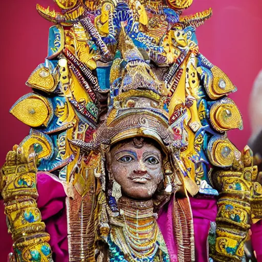 Image similar to a woman wearing an armor and head - dress. the armor and head - dress is made out of the colors, textures and sculptures of the meenakshi temple in madurai. intricate. detailed.