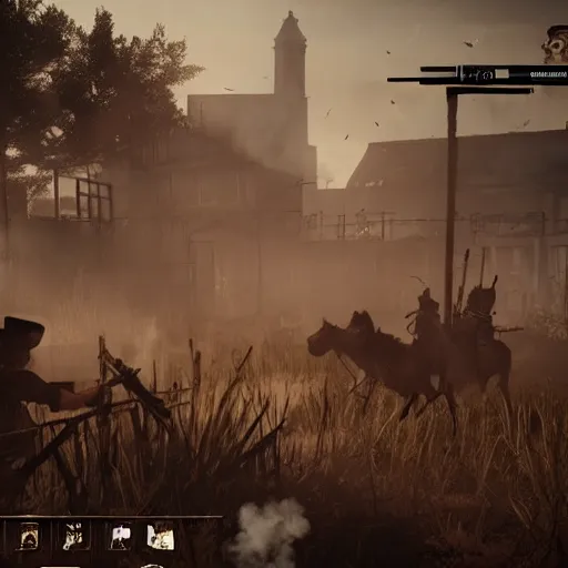 Prompt: hunt showdown western weapons burning city cinematic highly detailled