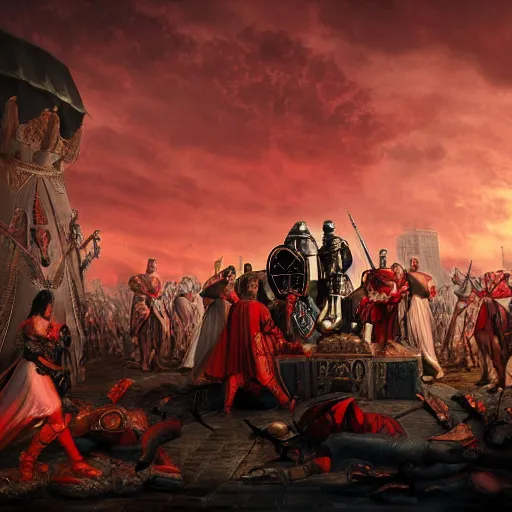 Image similar to julius caesar, wearing medieval knight armours, and queen victoria, wearing an ottoman crown, arm wrestling on the depths of hell, with satan watching over them riding a vulture. cyberpunk style architectures in the background, dawn, cloudy red sky. photograph, hyper realistic,