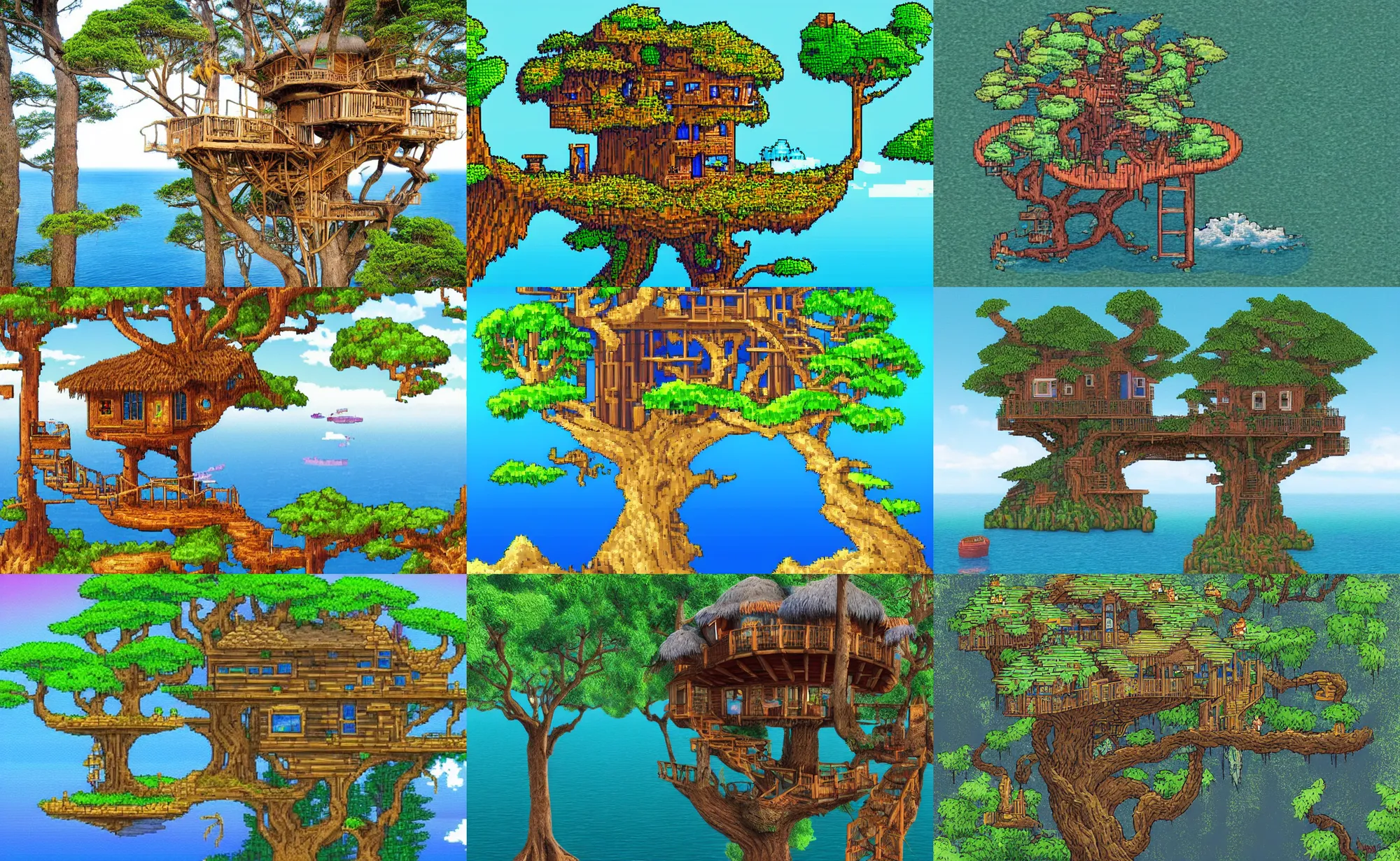 Prompt: snes style of a mystical island treehouse on the ocean