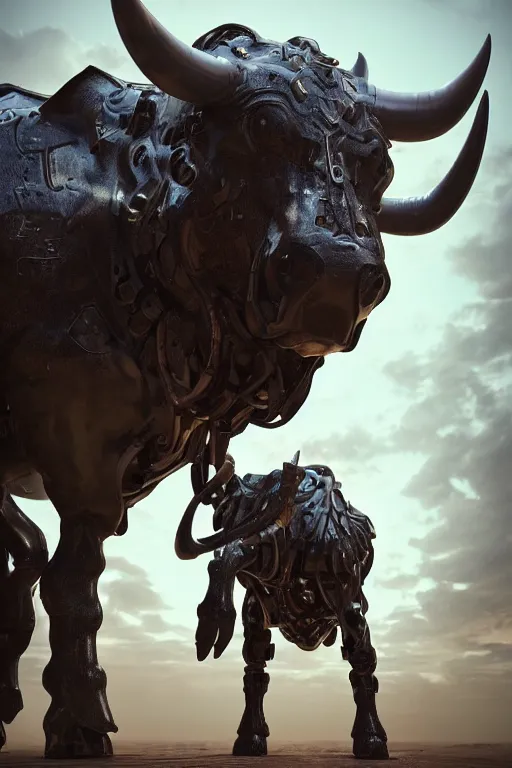 Image similar to a full body shot of a cyborg ( bull ) modeled after a bull looking into the camera, android, cyborg, full body shot, intricate, 3 d, hyper realism, fantasy, depth of field, octane render, symmetrical, highly detailed, digital art, artstation, concept art, cinematic lighting, trending