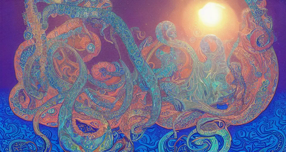 Prompt: overtly psychedelic ocean, paisley patterns, finite details, backlit, dolphin 🐬 and 🐙 octopus, sunrise 🌅, refracted lighting, psychedelic ocean art, elegant, 8 k resolution, intricate and fine details, digital painting, artstation, illustration, krenz cushart, alphonse mucha