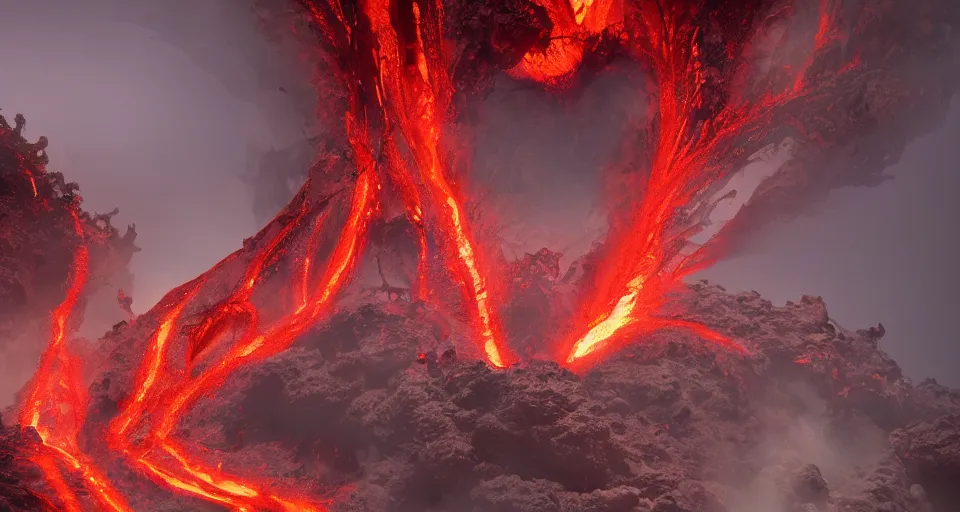 Image similar to a volcano made of ivory vines and crimson rocks enters in eruption, it spits a smoke in the shape of demonic eye, by Blizzard Concept Artists