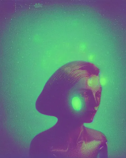 Prompt: featureless serene robotic woman's face, long metallic hair, violet and yellow and green and blue lighting, polaroid photo, 1 9 8 0 s cgi, atmospheric, whimsical and psychedelic, grainy, expired film, super glitched, corrupted file, ghostly, bioluminescent glow, sci - fi