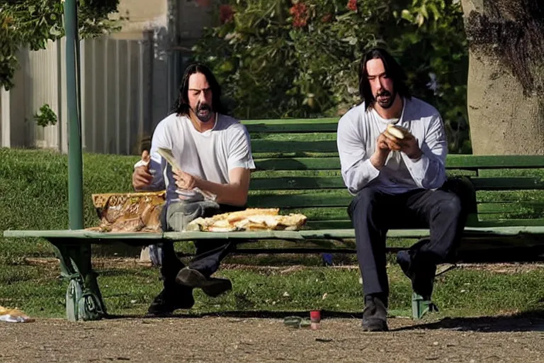Prompt: Keanu Reeves eating a sandwich while sitting on a bench, in the style of Gregory Crewdson