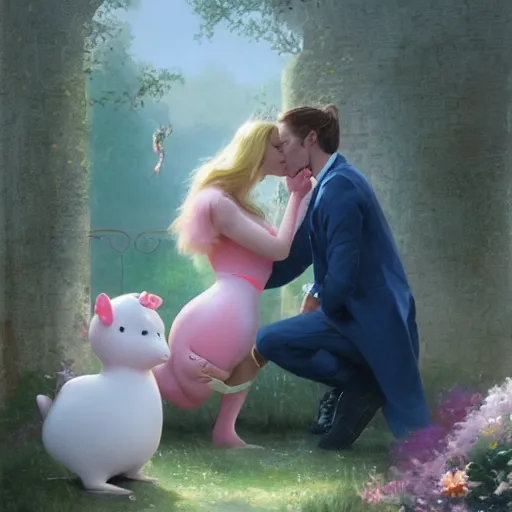 Prompt: Alex Mitten & Percy Pig kissing, a mallard & a blonde lady are in the background, greg rutkowski