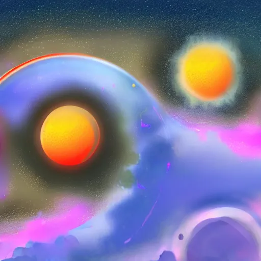 Image similar to Digital painting of a futuristic alien world with 3 moons and a rainbow haze