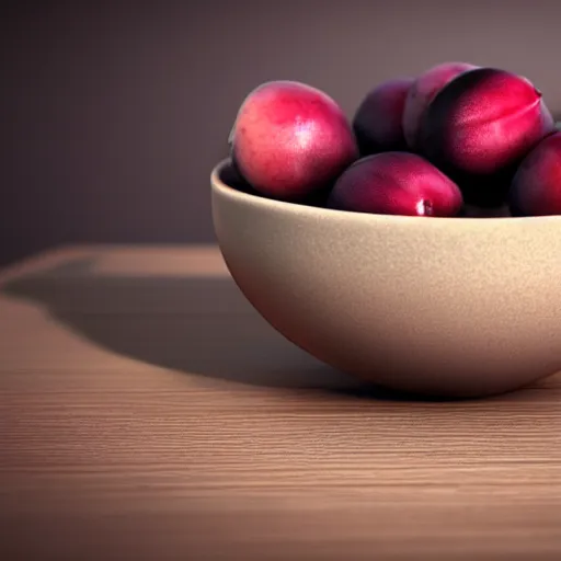 Image similar to a thick porcelain bowl filled with a few moist freshly picked plums on a wooden table. volumetric lighting. 4 k. small scale. realistic.