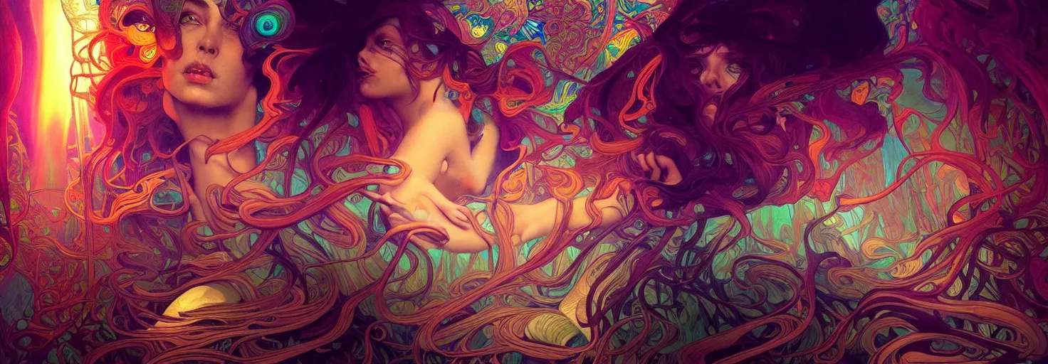 Prompt: An extremely psychedelic experience, colorful, surreal, dramatic lighting, psilocybin, LSD, centered, face, detailed, intricate, elegant, highly detailed, digital painting, artstation, concept art, smooth, sharp focus, illustration, art by Marco Plouffe, Krenz Cushart and Artem Demura and alphonse mucha