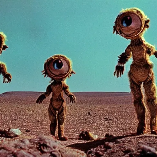 Image similar to 1 9 7 6 synthetic fur monsters with large eyes, standing on a martian landscape, cinematic movie scene, inspired by the movie the fifth element