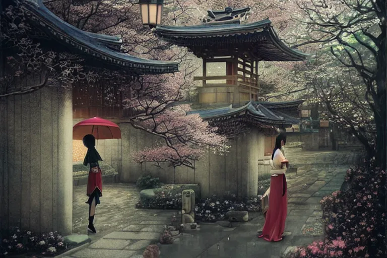 Image similar to Lee Jin-Eun by Andrew Ferez, rule of thirds, seductive look, beautiful, in Kyoto Gion with sakura trees