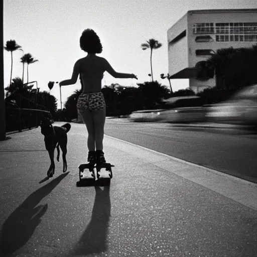 Prompt: girl roller skating while walking her dog in miami beach 1 9 8 2 candid kodachrome photo motion blur