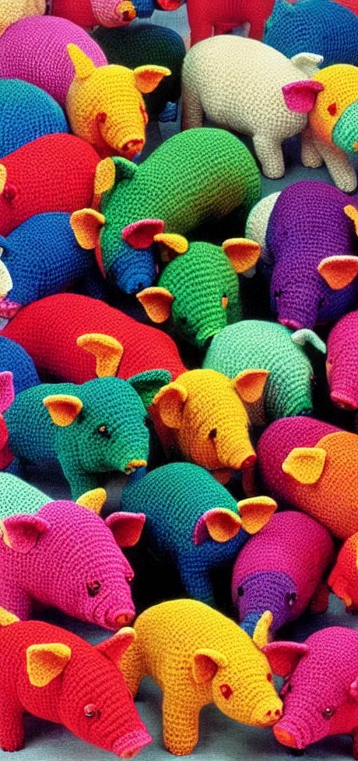 Image similar to multicolored crocheted pigs, 1 9 8 0 s catalogue photo