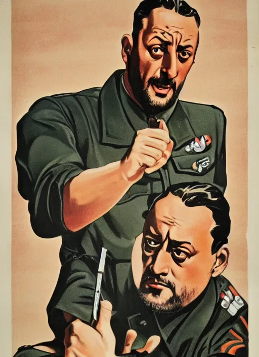 Image similar to Portrait Jean Reno gesture,look of hate, threatening pose, 1940s propaganda poster, full hd,highly detailed